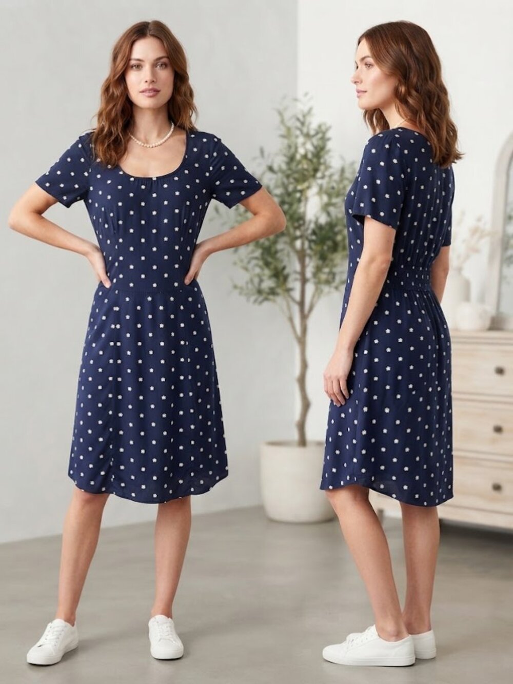 Old Navy Blue White Daisy Floral Short Sleeve Scoop Neck Midi Dress Size Medium
